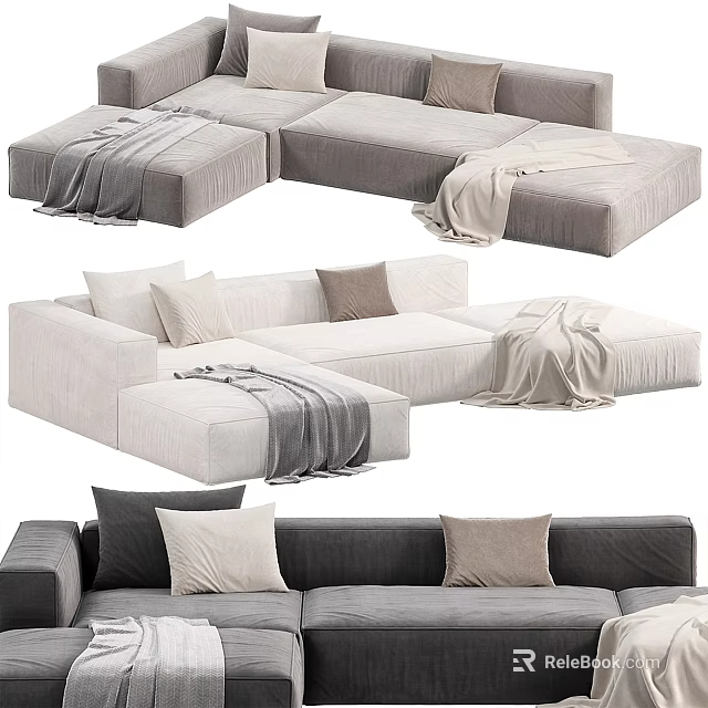 Gray And White Sectional Sofa With Pillows And Blankets For Modern Living Room 3d model 