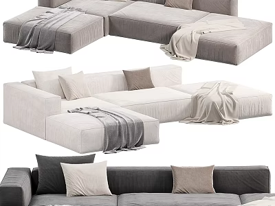 Gray And White Sectional Sofa With Pillows And Blankets For Modern Living Room 3d model