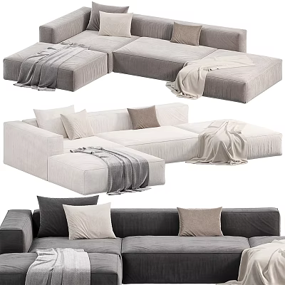 Gray And White Sectional Sofa With Pillows And Blankets For Modern Living Room 3d model