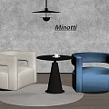 Minotti Beige And Blue Chairs With Round Table Circular Rug Grey Wall Pendant Light