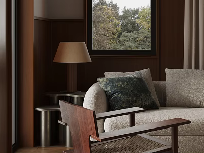 Wooden Leisure Chair In Cozy Interior With Cream Sofa Green Pillow Lamp And Window Trees 3d model