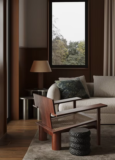 Wooden Leisure Chair In Cozy Interior With Cream Sofa Green Pillow Lamp And Window Trees 3d model