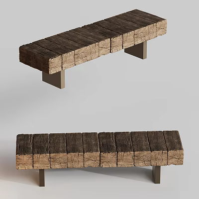 Rustic Wooden Stool With Dark Brown Planks And Metal Legs Design 3d model