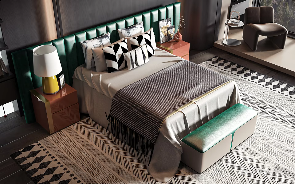 Double Bed With Green Headboard Black And White Pillows Green Bench And Patterned Rug 3d model 