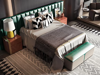 Double Bed With Green Headboard Black And White Pillows Green Bench And Patterned Rug 3d model