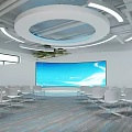 Modern Conference Room With Circular Pendant Lights Tiered Seating White Chairs And Blue Carpet
