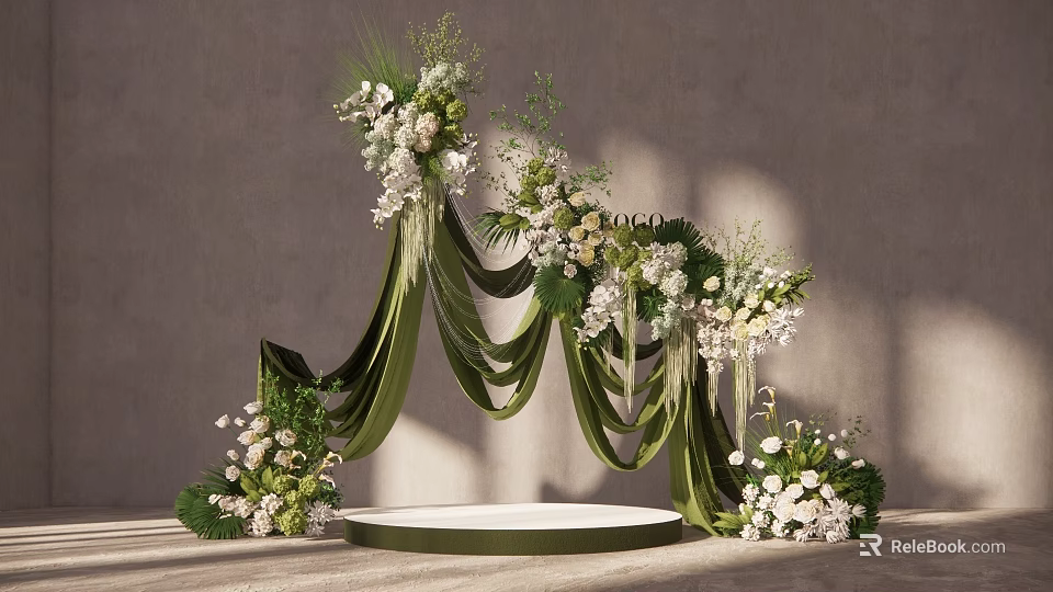 Elegant Wedding Decoration With Green Drapery Arch White Flowers And Floral Platform 3d model 