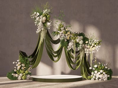 Elegant Wedding Decoration With Green Drapery Arch White Flowers And Floral Platform 3d model