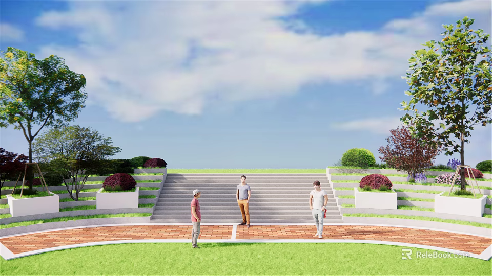 Outdoor Staircase With Green Lawn Trees Bushes And People Standing On Steps 3d model 