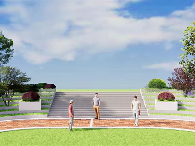 Outdoor Staircase With Green Lawn Trees Bushes And People Standing On Steps 3d model