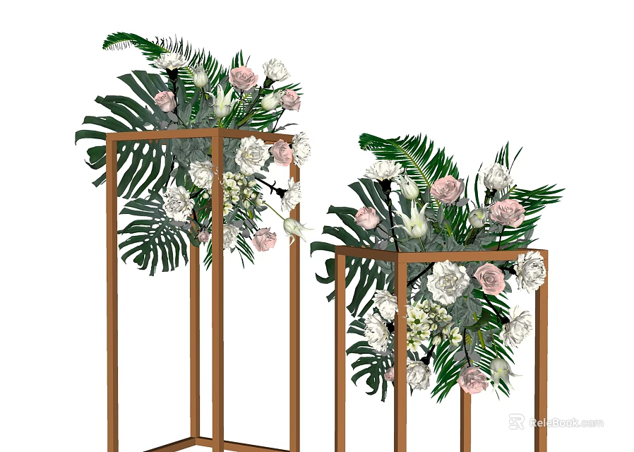 Elegant Floral Arrangement With Pink And White Flowers On Metal Stands 3d model 