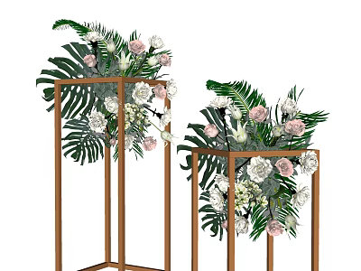 Elegant Floral Arrangement With Pink And White Flowers On Metal Stands 3d model