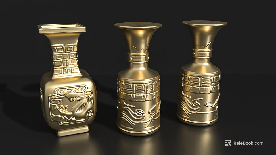 Three Golden Ceramic Vases With Traditional Carvings And Intricate Patterns 3d model 