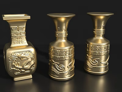 Three Golden Ceramic Vases With Traditional Carvings And Intricate Patterns 3d model