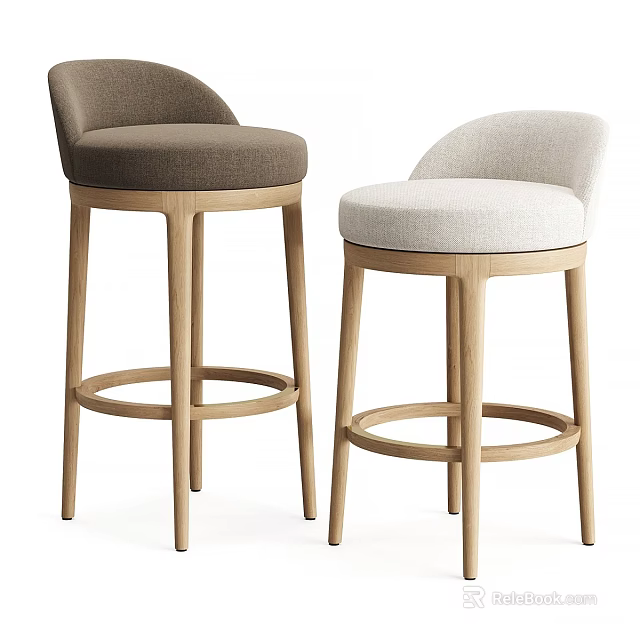 Modern Bar Stools With Wooden Legs And Upholstered Brown Beige Seats 3d model 