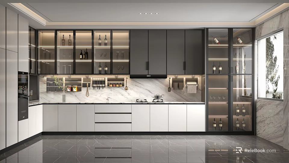 Modern Minimalist Kitchen Interior With Marble Countertop Black White Cabinets And Glass Door Storage 3d model 