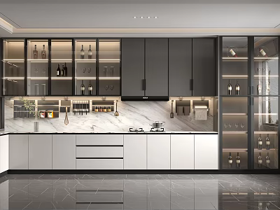 Modern Minimalist Kitchen Interior With Marble Countertop Black White Cabinets And Glass Door Storage 3d model