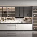 Modern Minimalist Kitchen Interior With Marble Countertop Black White Cabinets And Glass Door Storage