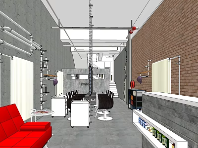 Beauty Hair Salon Interior With Red Sofa Barber Chairs White Workstations Brick Wall Metal Pipes 3d model