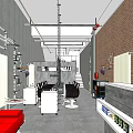Beauty Hair Salon Interior With Red Sofa Barber Chairs White Workstations Brick Wall Metal Pipes