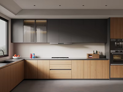 Modern Kitchen Interior Design With Gray Upper Cabinets Wooden Lower Cabinets And Countertop 3d model
