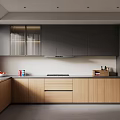 Modern Kitchen Interior Design With Gray Upper Cabinets Wooden Lower Cabinets And Countertop