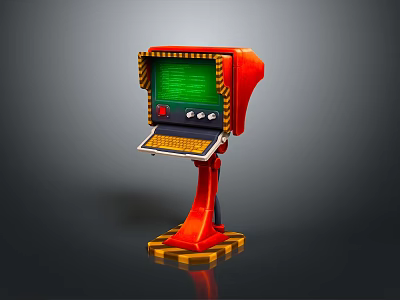 Red Control Console Featuring Green Screen Buttons Keyboard And Checkered Base 3d model