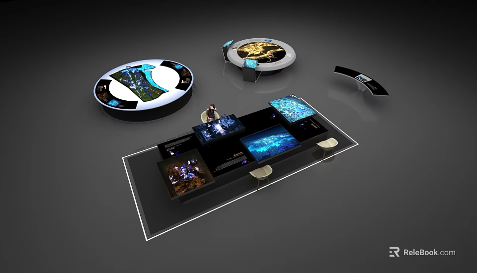 Modern Exhibition Display Stands With Circular And Rectangular Interactive Screens 3d model
