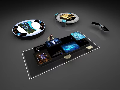 Modern Exhibition Display Stands With Circular And Rectangular Interactive Screens 3d model