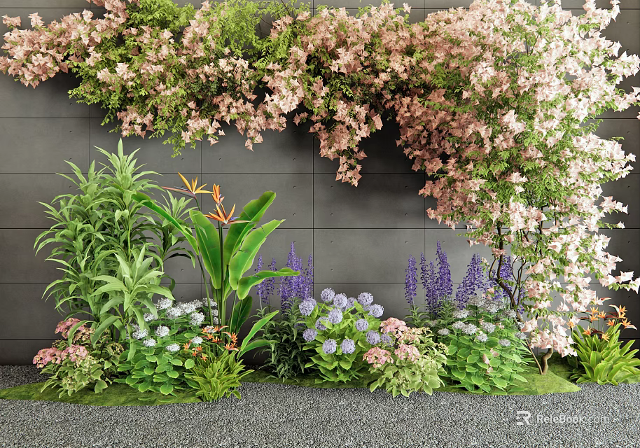 Vine With Pink And White Flowers And Green Plants Growing Against Gray Wall 3d model 