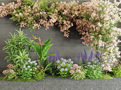 Vine With Pink And White Flowers And Green Plants Growing Against Gray Wall 3d model