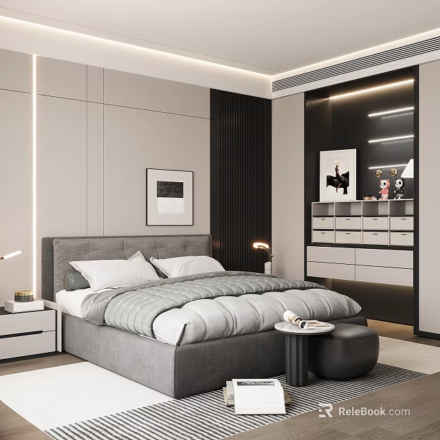 Modern Bedroom Interior Design With Grey Bed Decorative Paintings Nightstands And Lighting 3d model 