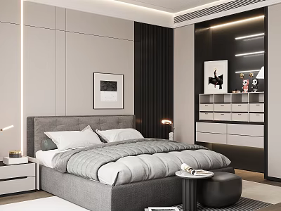 Modern Bedroom Interior Design With Grey Bed Decorative Paintings Nightstands And Lighting 3d model