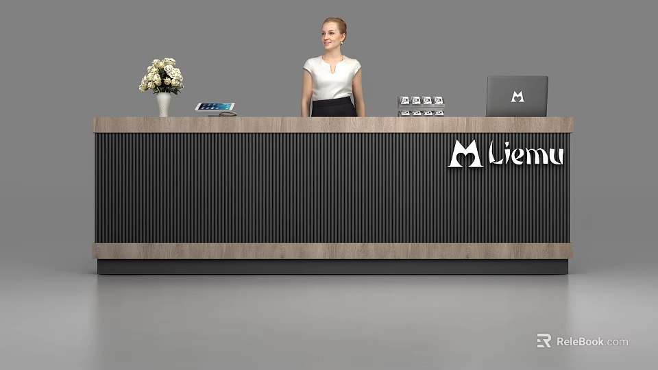 Modern Black Wooden Reception Desk With Flower Vase Tablet Laptop And Liemu Logo 3d model 