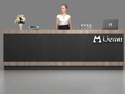 Modern Black Wooden Reception Desk With Flower Vase Tablet Laptop And Liemu Logo 3d model