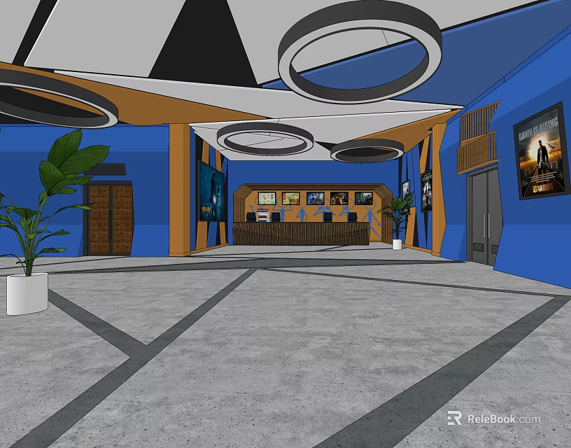 Modern Cinema Interior With Circular Ceiling Decorations Blue Orange Walls Reception Desk And Movie Posters 3d model 