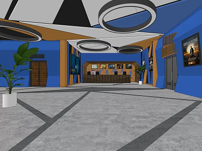 Modern Cinema Interior With Circular Ceiling Decorations Blue Orange Walls Reception Desk And Movie Posters 3d model