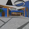 Modern Cinema Interior With Circular Ceiling Decorations Blue Orange Walls Reception Desk And Movie Posters