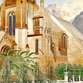 Ancient Church Architecture With Golden Spire Mountain Backdrop And Green Lawn