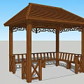 Chinese Traditional Wooden Pavilion With Intricate Carved Roof And Bench Seating