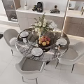 Modern Marble Dining Table Set With Beige Chairs Flower Arrangement And Fruit Bowl