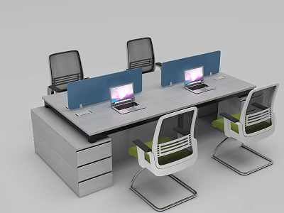 Modern Office Desk Setup With Four Chairs Laptops Blue Dividers And Storage Drawers 3d model