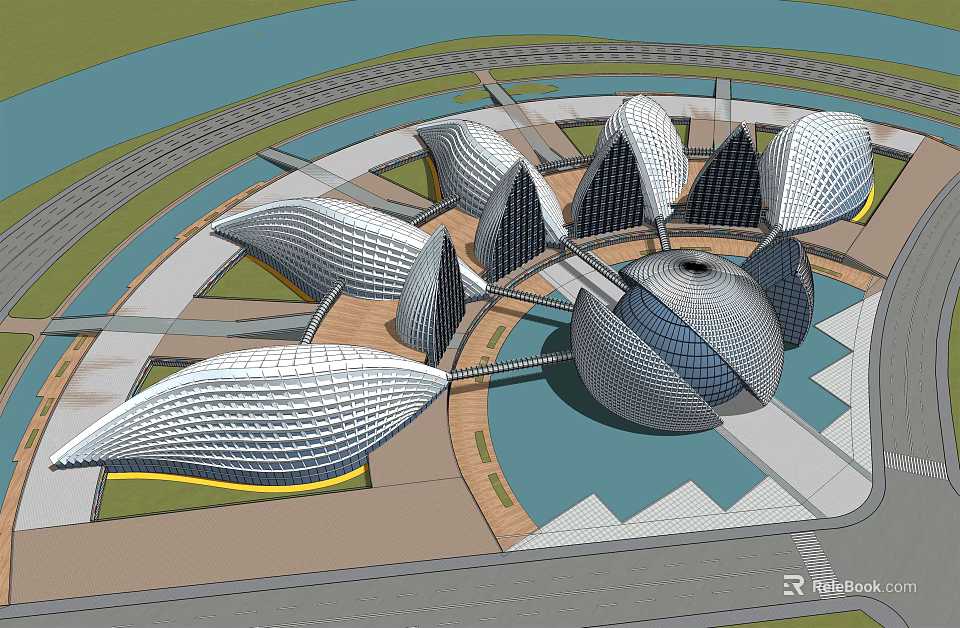 Modern Architectural Design Featuring Petal Shaped Structures And Central Spherical Building 3d model