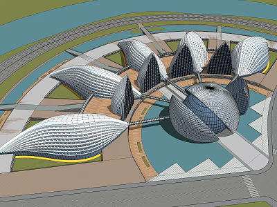 Modern Architectural Design Featuring Petal Shaped Structures And Central Spherical Building 3d model