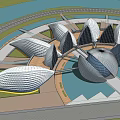 Modern Architectural Design Featuring Petal Shaped Structures And Central Spherical Building 3d model
