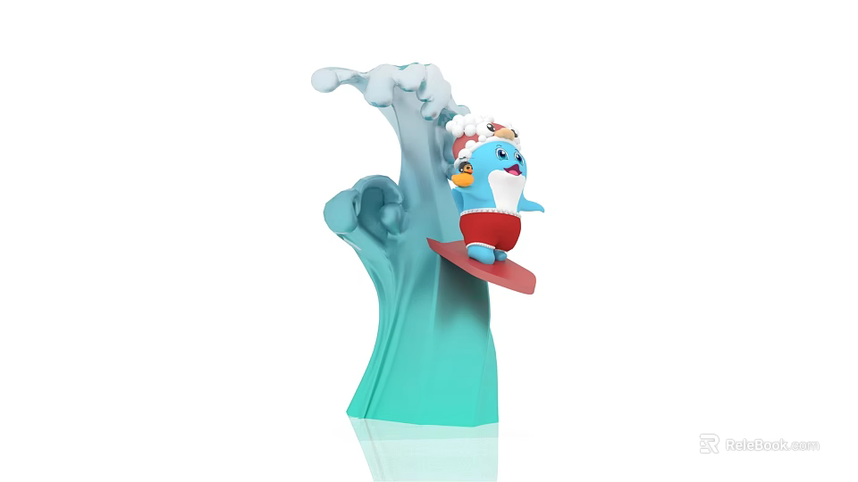 Artistic Sculpture Carving Featuring Blue Cartoon Dolphin With White Hat Red Shorts on Red Surfboard 3d model 