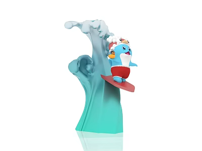 Artistic Sculpture Carving Featuring Blue Cartoon Dolphin With White Hat Red Shorts on Red Surfboard 3d model