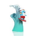 Artistic Sculpture Carving Featuring Blue Cartoon Dolphin With White Hat Red Shorts on Red Surfboard