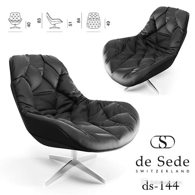 Stylish Black Leather Leisure Chair With Diamond Stitching And Metal Base By de Sede 3d model 