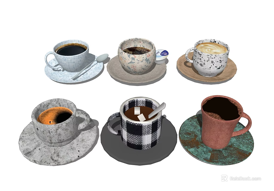 Vintage and Modern Kitchenware Collection Featuring Various Coffee Mugs with Saucers 3d model 